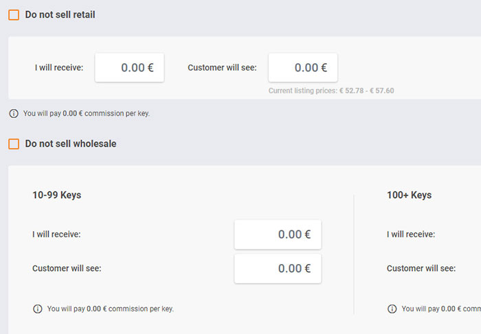 Set the price for which you wish to sell your game keys.