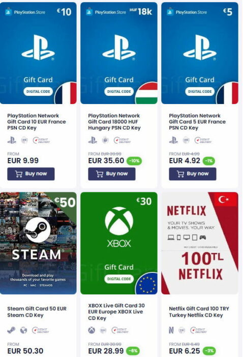K4G gift cards listings.